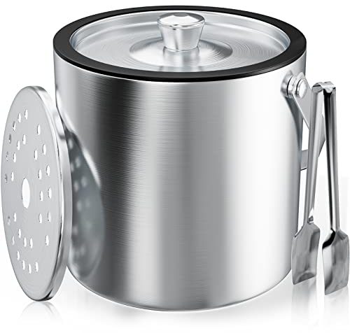 2.2L Seau a glacon avec couvercle hermétique Isotherme Double paroi Seau à glaçons Incluse Pince à glaçons et Passoire, seau a champagne seau a glace pour apéritifs Boisson Cocktails Bouteille Bar