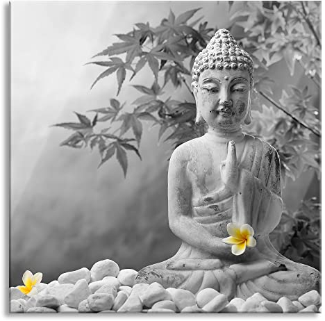 Pixxprint Glasbild, Wandbild auf Echtglas, Buddha mit Monoi Blüte in der Hand, 40x40 cm, inkl. Aufhängung und Abstandshalter