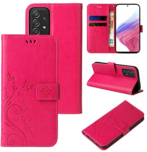 LBH Handy Hülle für Samsung Galaxy A53 5G Case Handytasche Schmetterling Blumen Flower Standfunktion Schutzhülle Magnet Rundum Schutz 360 Grad Flipcase Cover Pink