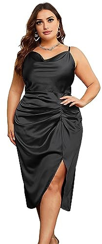 KIMCURVY Robe en satin grande taille pour femme avec bretelles spaghetti froncées et col bénitier - Robe caraco midi pour cocktail, noir, 54 plus