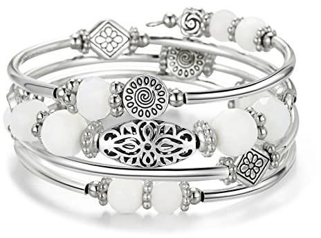 FULU AUTUMN Damen Boho Armband mit Mehrschichtiges Perlen Silber Wickelarmband Modeschmuck Geschenke zum Geburtstag und Muttertag für Frauen