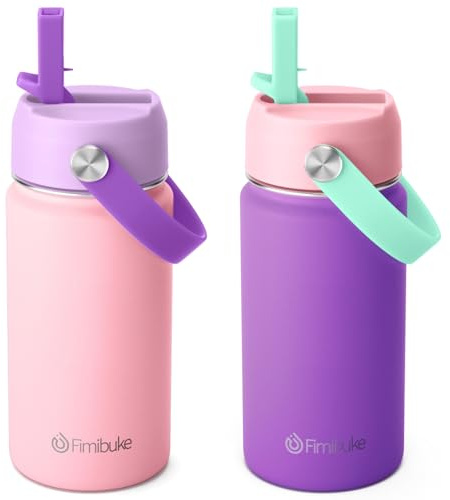 Fimibuke Isolierte Kinder-Wasserflasche – BPA-frei, 18/8 Edelstahl, Reisebecher, auslaufsicher, doppelwandig, Vakuum-Trinkbecher mit Strohhalm, Metall-Wasserflasche für Schule, Jungen, Mädchen, 2