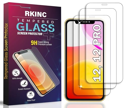 RKINC Protector pantalla [3 Piezas] para iPhone 12 12 Pro 6.1-Inch, Cristal templado película de vidrio, 9H 0.33 mm [Garantía de por vida][Anti-rasguño][Anti-rotura][Sin burbujas]
