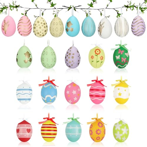 Ostereier zum Aufhängen, 24 Stück Ostereier Plastik, Kunststoff Deko Eier, Deko Easter Eggs mit Schnur zum Aufhängen, Osterdekoration, Frühlingsdeko Ostern Geschenk für Innen und Außen Osterdeko