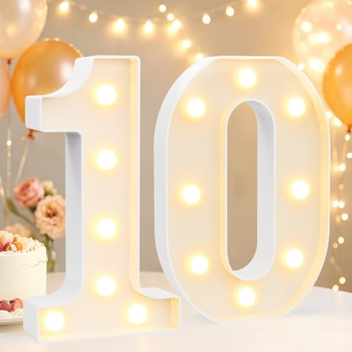 8.8 Decorative LED Light Up Numbers, Marquee Numbers Lights for 10th Birthday Decorations, Lighted Number Sign for Birthday Party Night Lights Wedding Anniversary Home Wall Decor, White Number 10