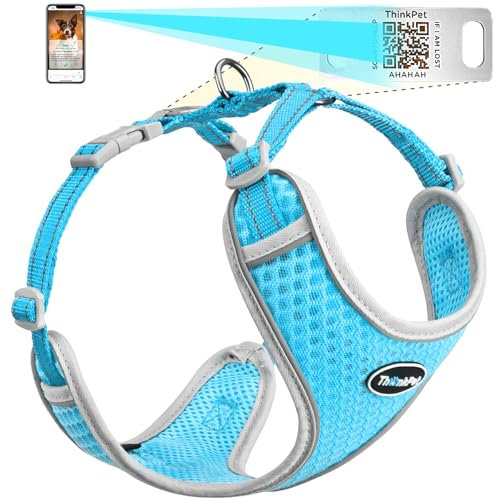 ThinkPet Reflektierendes Atmungsaktives Soft Air Mesh mit QR Code Hundemarke Welpe Choke Free Over Head Vest Harness für Welpen Small Medium Hunde und Katzen X-Klein Hellblau