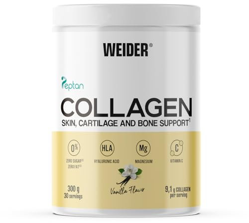 Weider Collagen (300g) Vanille-Geschmack, Hydrolysiertes Kollagen Typ I 100% Peptan mit Hyaluronsäure, Magnesium, Vitamin C, Zuckerfrei, Für Haut, Knorpel, Knochen und Haare