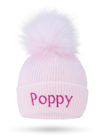 Lobeko Personalised Baby Hat, Faux Fur Pom Pom, Knitted Winter Beanie | 0–12 months, soft ribbed knit, custom embroidered name, pom-pom hat, warm winter beanie for baby boys and girls