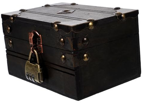 WATIIFUFU Vintage Holz Schmuckschatulle Mit Zahlenschloss Aufbewahrungsbox Für Ringe Ohrringe Anhänger Multifunktionale Schatztruhe Als Dekoration Und Filmrequisit Piratenparty Geschenk