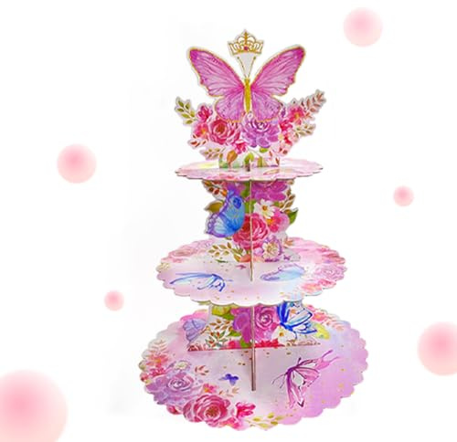 YINcrinx Tårtställ 3 våningar rund tårttopp, rosa fjärilstårta, tårttopp, tårttopp, tårttopp, babyshower, bröllopsfest.