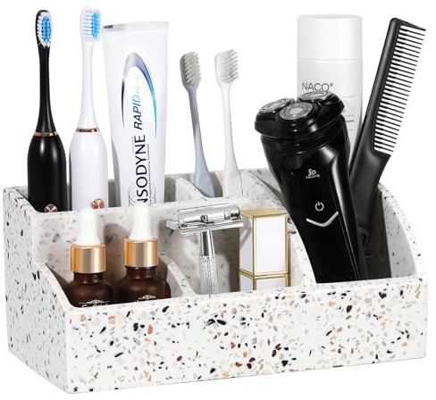 Luxspire 5 Ranuras Soporte para Cepillos de Dientes de Resina, Portacepillos de Dientes de Gran Capacidad con Orificios de Drenaje, Soporte Cepillos Dientes para Cepillo Pasta, Terrazo
