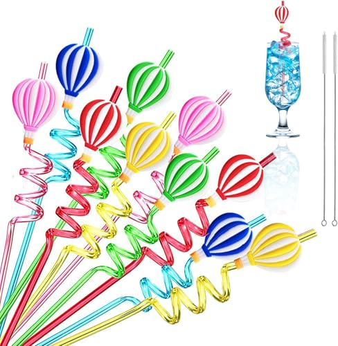 Cannucce Plastica Riutilizzabili Bambini con 2 Spazzole, Cocktail Cannucce Colorate Ricurve Mongolfiera con Creature Marine Festa Matrimoni Compleanni Riunioni Hawaiana Party (mongolfiera10 pezzi)