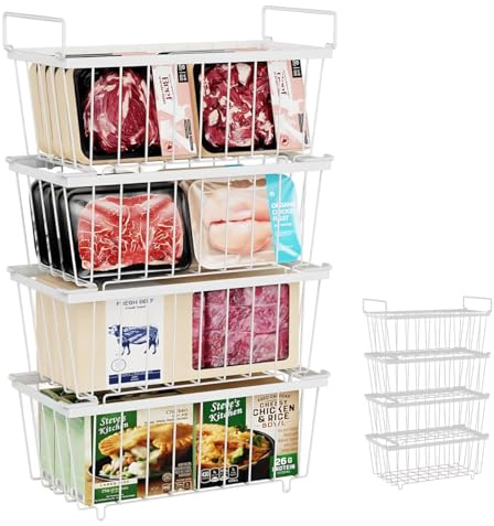 Chest Freezer Baskets 4 Pack, Stackable Freezer Storage Baskets for 198L Chest Freezer, Freezer Organiser with Handles Easily Sort and Get Frozen Foods, Allow Air Circulation, White