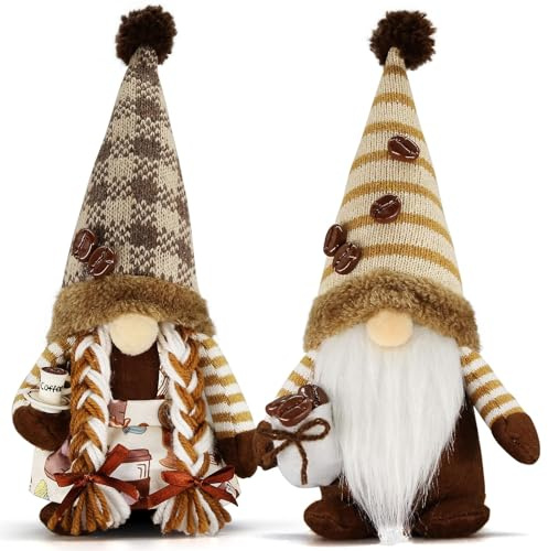 ACAREY Kaffee Wichtel, 2 Stück Frühlings Sommer Herbst Deko Wichtel Figuren, Erntedankfest Plüsch Rudolph Puppe Schwedischer Tomte Wichtel, Geschenke für Freundin Mama Hochzeitstag Muttertag