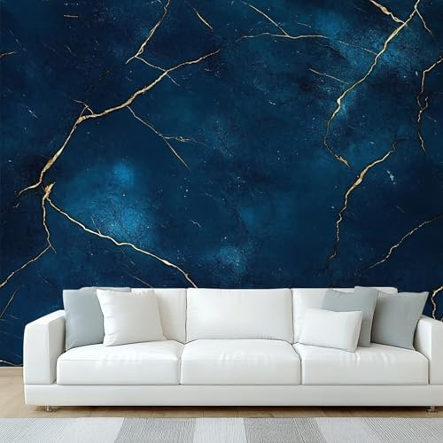Générique Papier Peint Panoramique Marbre Bleu, Papier Peint Or Métallique Abstrait Moderne, Fresque Murale, Decoration Chambre Salon, 250 x 175 cm