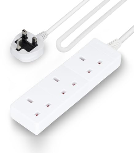 GEEPAS 3 Gang Extension Lead, 3M Cable | 3-Way Plug Extension Cable | 3 Socket Power Strip, 13A | Heavy Duty UK Plug | White