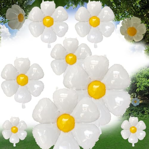 Goping Daisy Balloons 10 pcs White Daisy Flower Balloon Set Reusable Party Decorations for Birthday Wedding Ceremony Garden Beauty, 2 Extra Huge, 4 Huge, 4 Medium and 10 Fittings