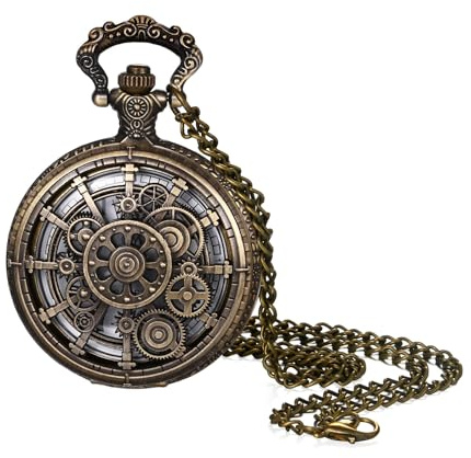 JewelryWe Steampunk Gear Pocket Watch: Men Women Skeleton Arabic Numeral Dial Embossed Hollow Carving Fob Half Hunter Timepiece with Chain