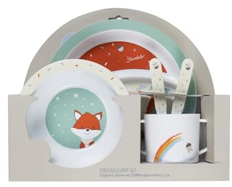 Sterntaler Geschirrset Fuchs Filou - rutschfester Teller mit Unterteilung, Henkeltasse, Breischale, Löffel & Gabel - lebensmittelecht & robust - Geschenkidee für Babys & Kleinkinder, steingrün