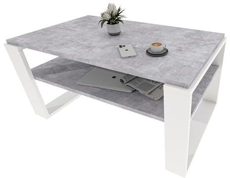 möbelkap Couchtisch 91×51 cm – Wohnzimmertisch aus Holzwerkstoff, Stabiler & moderner Kaffeetisch mit zusätzlicher Ablagefläche – Beistelltisch, Beton Optik/Weiß, rechteckig