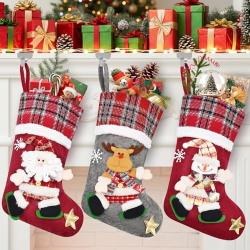 Cyiecw Nikolausstrumpf 3er Set Große Nikolausstiefel zum Befüllen Weihnachtsstrumpf Geschenkbeutel Weihnachtsbaum Anhänger Weihnachtsdeko mit Weihnachtsmann, Schneemann, Rentier