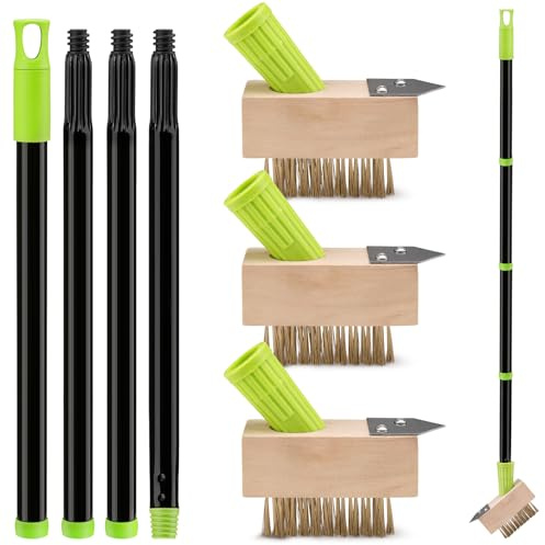 Sbestily Patio Weed Remover Tool Long Handle Wire Brush Scraper for Paving | Weed Brush & V-Shaped Metal Scraper for Block Paving, Driveway Moss Removal, Garden Weeding Tool with 3 Replacement Heads.