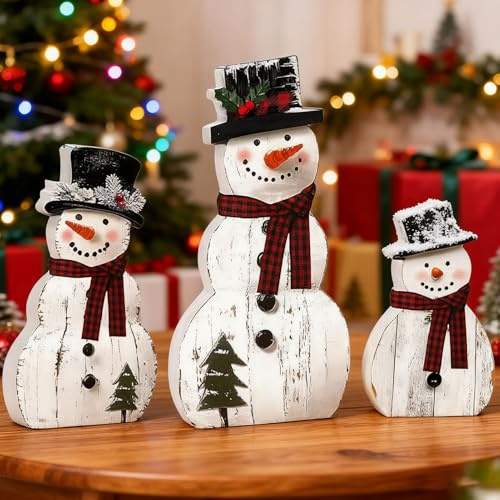 FUFRE Weihnachtsdeko Schneemann Holz, 3 Stück Schneemann Deko Figuren, Schneemänner Weihnachtsfiguren, Schneemänner Holzdeko, Weihnachten Deko Ornamente für Innen Kamin Fensterbank Tischdeko Geschenk