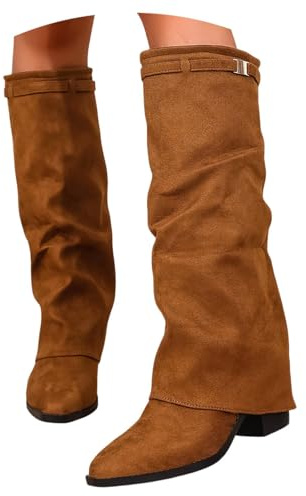 Stivali da donna Punta Punta Piattaforma Tacco Lungo Gambo Al Ginocchio Stivali Inverno Slouchy Gambo Largo Stivali In Pelle Calda Moda Comfort Elegante, Colore: marrone., 38.5 EU