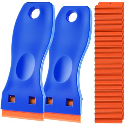 2PCS Blade Scraper Tool with 110PCS Plastic Blades Non Scratch Plastic Scraper Adhesive Residue Remover for Cleaning Adhesive Residue and Stickers from Car Window Frames Tiles and Floors