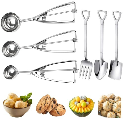 Ice Cream Scoop, 3Pcs Cookie Scoop Set, Stainless Steel Ice Cream Scoop with Trigger Release, Cookie Dough Scoop, Large/Medium/Small Cookie Scooper for Baking with 2 Shovel Spoons and 1 Shovel Forks