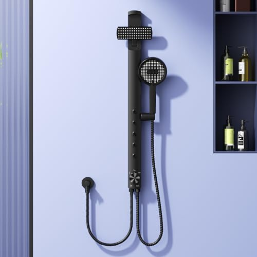 Rainsworth Regendusche ohne Armatur, Höhenverstellbares Duschset, Schwarz | Duschsystem mit 3 Strahl Handbrause, Schlauch & Halterung, 40cm Verstellbare Duschstange für Komfortable Badezimmer Duschen