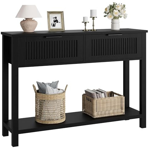 Garvee Landhaus-Konsolentisch, 109 cm (43 Zoll) Holz, 2 Schubladen, 2-Stufiger Sofatisch mit Stauraum für Wohnzimmer, Eingangsbereich-Tische – Schwarz