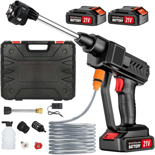 Nettoyeur Haute Pression sans Fil 25 Bar, Pistolet Haute Pression sur Batterie avec Buse 6 en 1, 2 Batteries, 5M Tuyau, Pulvérisateur de Mousse, Adapté pour Nettoyer Les Voitures, Sols