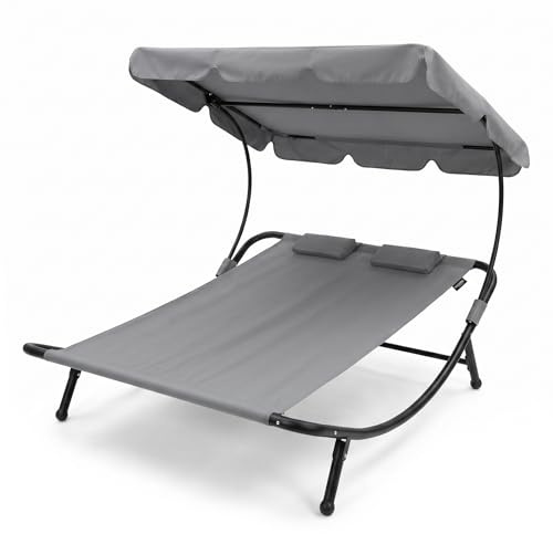 LORVIK Cama Balinesa Doble Exterior con Toldo Ajustable y Cojines, Tumbona de Jardín para 2 Personas, Estructura de Acero para Terraza, Piscina y Patio
