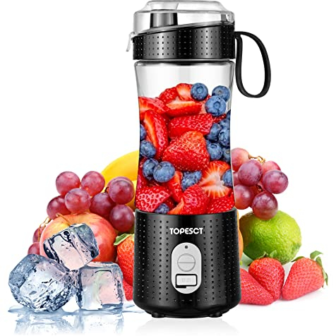 TOPESCT Portable Blender, Personal Mixer Fruit Rechargeable with USB, Mini Blender for Smoothie, Fruit Juice, Milk Shakes 380ml, Six 3D Blades for Great Mixing (Black)