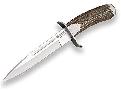 Joker Überlebensmesser CC32 Chamoís, Hirschhorngriff und 18 cm MOVA-Klinge, Lederscheide, 260 Gramm Gewicht, Angel-, Jagd-, Camping- und Wanderwerkzeug.