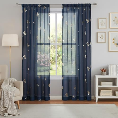Jubilantex Durchsichtige Vorhänge mit Schmetterling, Marineblau, mit goldfarbenem Druckmuster, 213 cm lang, Kinderzimmer, Schlafzimmer, Voile, Leinenstruktur, Fenstervorhänge, 2 Paneele