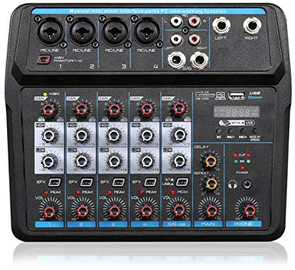 AFYH Mesas de Mezcla de Estudio, 4/6 Mini Mezclador portátil de Audio, Consola de DJ con Tarjeta de Sonido, USB, alimentación de 48 V para PC, grabación, Canto, webcast, Fiesta,6 Way