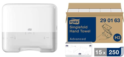 Tork Zickzack Papierhandtücher Advanced 290163 - H3 Falthandtücher, 2-lagig, weiß & Mini Spender für Zickzack und Lagenfalz Papierhandtücher 553100, Elevation Design-Kompakter H3 Handtuchspender, weiß