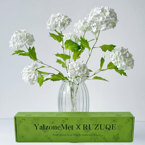 YalzoneMet 4 Pcs 26.8'' Viburnum Artificial Flower Snowball Lifelike Long Stem Real Touch White Small Hydrangea Latex Flower for Home Decoration Table Centerpieces Floral Arrangements