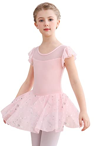 Aiseyi Mädchen Ballettkleidung Stern Ballettkleid Baumwolle Tanzkleid Rosa Ballett Trikot Kurzarm Ballettanzug Kinder Ballerina Kleid Balletttrikot Ballett Kleider 7-9 Jahre