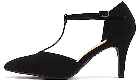 Soda Bahia ~ Women Pointed Toe Closed Back Counter T-Strap Pump Stiletto Mid Heel Shoe (Black Nubuck, us_Footwear_Size_System, Adult, Women, Numeric, Medium, Numeric_10)
