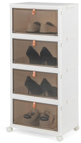 GOPLUS Caja de Zapatos Plegable, Organizador Zapatos Transparente Apilable con Tapa, Puerta Magnética y Ruedas, Zapatero Plástico Modular, para Entrada, Recibidor, Dormitorio (4 Niveles)