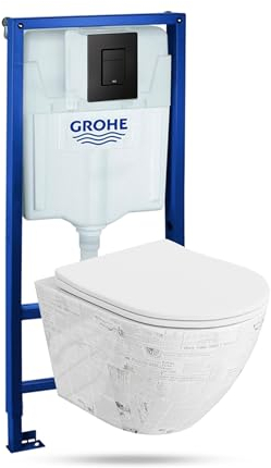 LAVITA | Vorwandelement Solido + Wand Hänge WC Sofi Slim Paper Weiß Spülrandlos + WC-Sitz SoftClose | Schwarzer Knopf | Komplettset | Unterputz Spülkasten | Toilette Komplett Sett |
