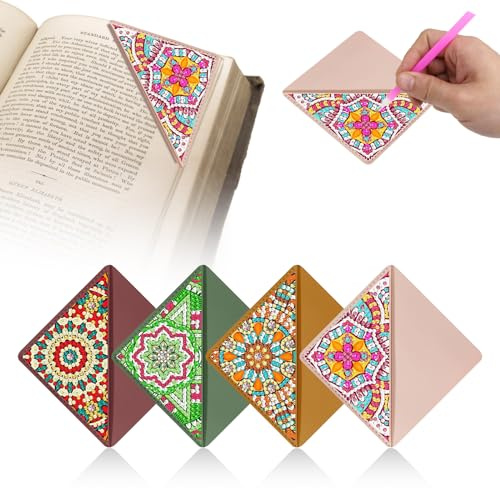 Syunyin 4 Stück Diamond Painting Lesezeichen mit Zubehör, 5D Diamantmalerei Lesezeichen für Erwachsene und Kinder, Bunte Leder Mandala Lotus Bookmark (Mandala B)