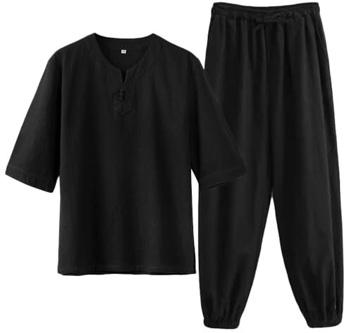 G-LIKE Herren Sommer Anzug Freizeitkleidung - Chinesischer Stil Mittelärmelig Hemd T-Shirt Hose Kampfkunst Kung Fu Trainingsanzug Frühling Herbst Baumwolle Leinen Lose Uniform für Männer