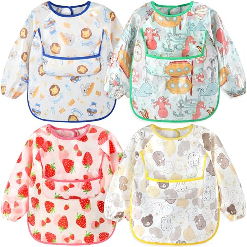 Accmor 4 Pack Long Sleeve Baby Bibs, Waterproof Sleeved Bibs Smock for Toddler Baby Girls Boys