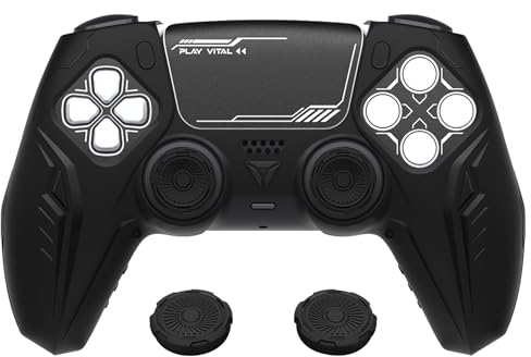 PlayVital Silikonhülle für PS5 Controller, Joystick rutschfeste Schutzhülle & analoge Abdeckung & Touchpad-Aufkleber, kompatibel mit Ladestation, CyberMech-Schwarz