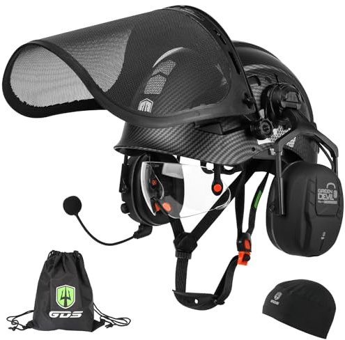 GREEN DEVIL Forestry Chainsaw Safety Helmet with Bluetooth Ear Muffs Arborist Helmet Hard Hat with Built-in Visor Face Shield 5 in 1 System Logging Garden Work Hardhats for Men Women