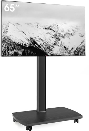AOKCOS TV-stativ rullbar med trähylla, TV-stativ på hjul för 32–65 tums TV, TV-golvstativ justerbar höjd, vridbar, upp till 40 kg max. VESA 400 x 400 mm (svart)